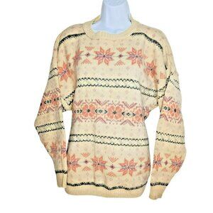 Eddie Bauer Chunky Sweater L Wool Fair Isle Knit Crewneck Beige Vintage USA